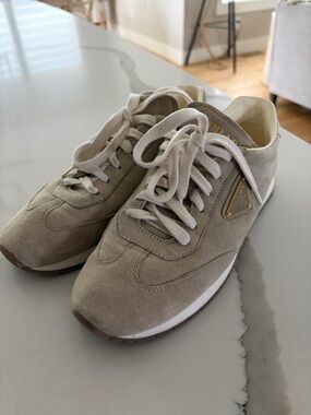 Prada Beige Suede Women's Sneakers with Gold Logo